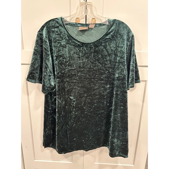 Chico's Women's Emerald Green Velvet Short Sleeve Crew Neck Top Size 3 XL - Picture 1 of 5